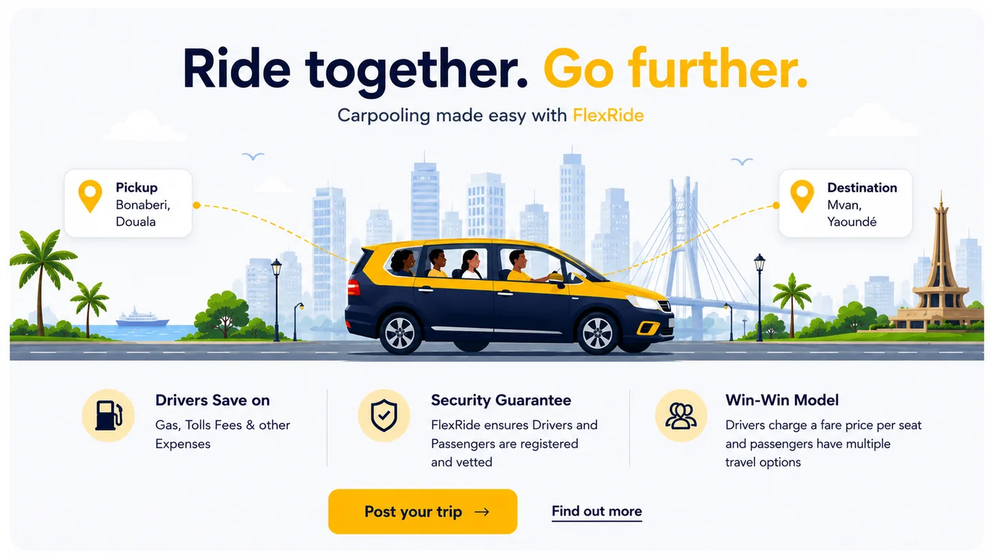Ride together, go further — carpooling made easy with FlexRide. A van of passengers travels from a pickup in Bonaberi, Douala to a destination in Mvan, Yaoundé. Drivers save on gas, tolls and other expenses; a security guarantee means drivers and passengers are registered and vetted; and a win-win model lets drivers charge a fare per seat while passengers have multiple travel options.