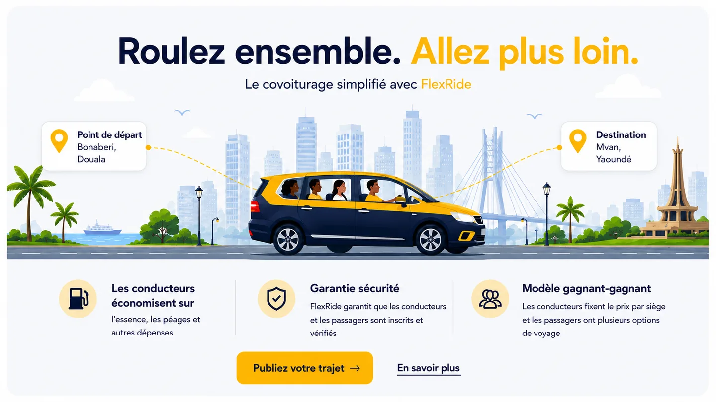 Roulez ensemble, allez plus loin — le covoiturage simplifié avec FlexRide. Un véhicule de passagers voyage d'un point de départ à Bonaberi, Douala vers une destination à Mvan, Yaoundé. Les conducteurs économisent sur l'essence, les péages et autres frais ; une garantie de sécurité signifie que les conducteurs et les passagers sont inscrits et vérifiés ; et un modèle gagnant-gagnant permet aux conducteurs de fixer un tarif par siège pendant que les passagers ont plusieurs options de voyage.
